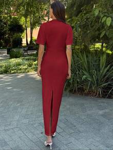 Aloruh Nuevo vestido midi de manga larga con diseño fruncido, de unicolor, versátil, elegante, intelectual y minimalista, adecuado para la oficina y el transporte - Burdeos - Ver 2