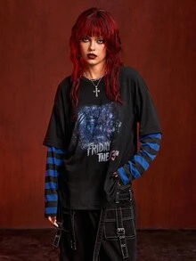 Friday the 13th X ROMWE Women's Casual Fashion Street Goth Style Letter & Tree Pattern Contrast Stripe 2-In-1 Loose T-Shirt, Spring/Autumn - Black - View 9
