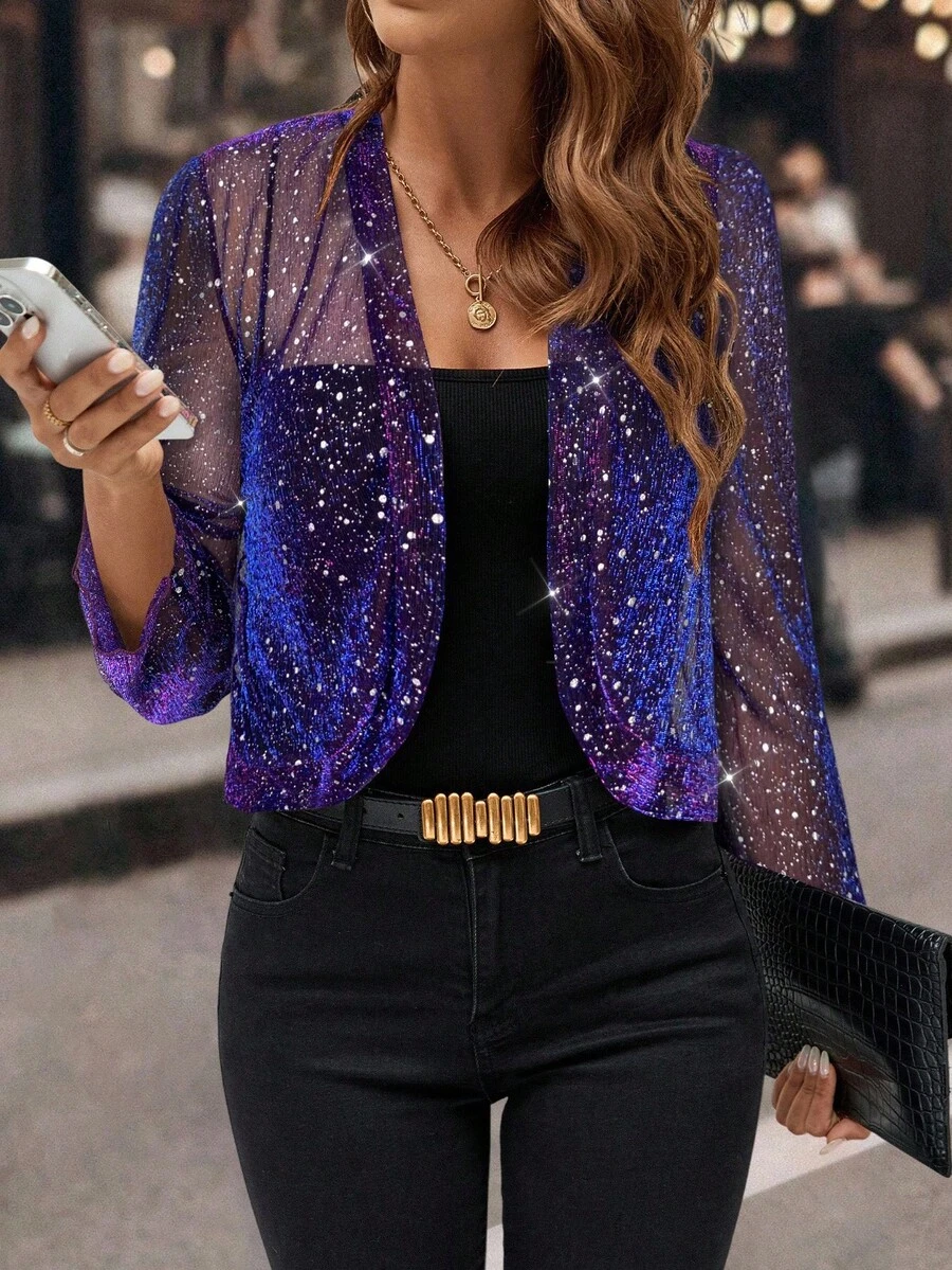 SHEIN Clasi Women's Rhinestone Decor Sheer Elegant Long Sleeve Jacket In Fall/Winter - Violet Purple - View 1