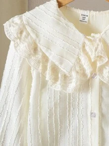 青少年女孩彼得潘领提花优雅纽扣长袖衬衫秋冬 - 杏色 - 查看 4