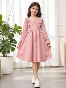 Tween Girl Flower Embroidery Ruffle Hem Dress - Pink - View 1