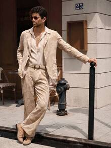 HIMLAND Bộ quần áo vest nam đơn giản, túi cài nút, phong cách Old Money - màu nâu - Xem 6