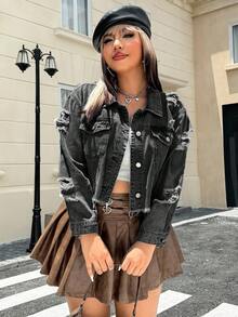 SHEIN EZwear 大码时尚休闲磨损破洞前扣牛仔夹克 - 淺灰色 - 查看 3