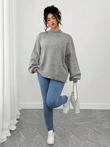 SHEIN Tall CURVE Plus Size Casual Drop Shoulder Crew Neck Long Sleeve Sweater Winter Fall Autumn - Grey - View 1