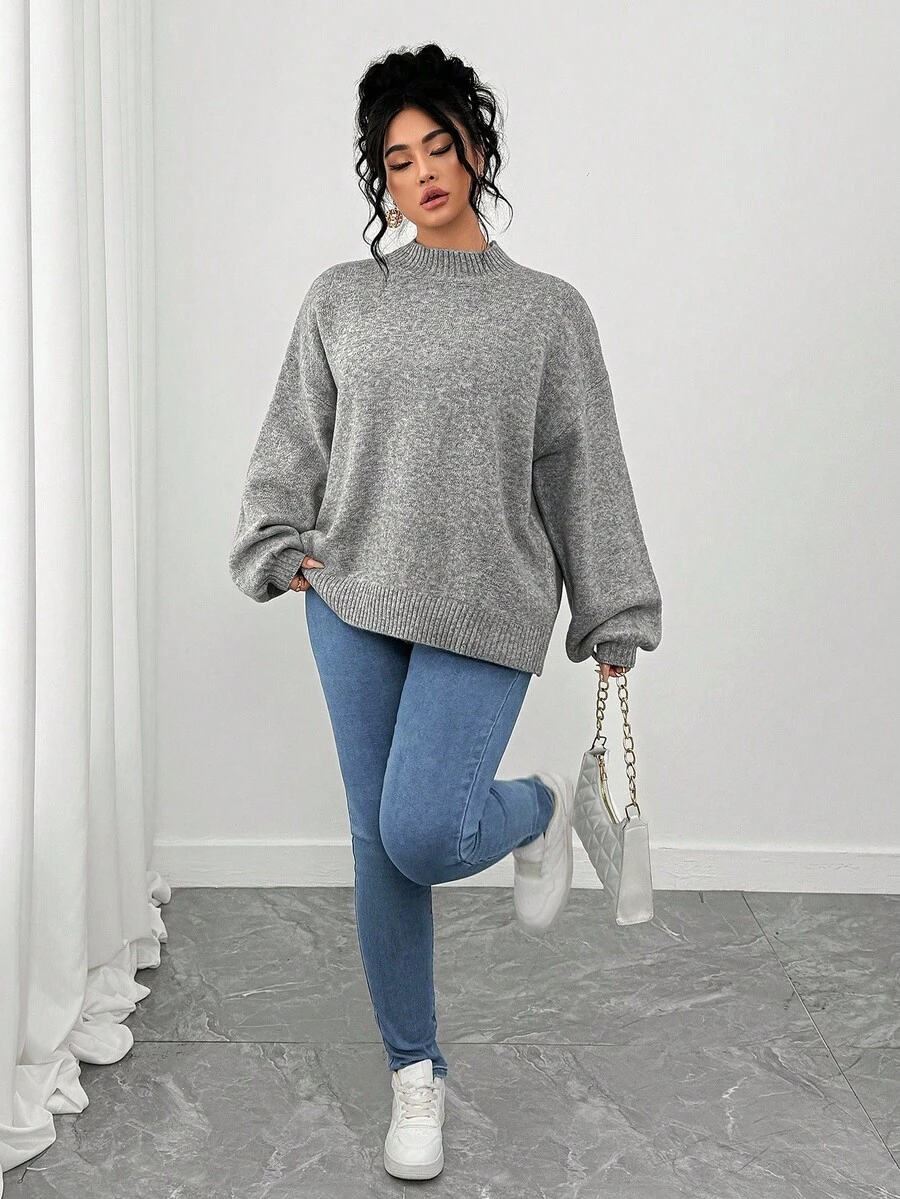 SHEIN Tall CURVE Plus Size Casual Drop Shoulder Crew Neck Long Sleeve Sweater Winter Fall Autumn - Grey - View 1