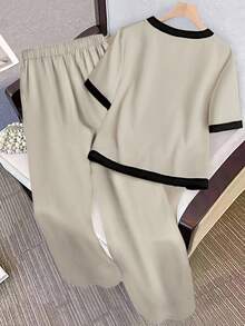 Franclia Plus Size Women's Woven Contrast Color Block V-Neck Short Sleeve Cardigan Shirt & Elastic Waist Straight Leg Pants Set, Elegant & Romantic - Khaki - View 2