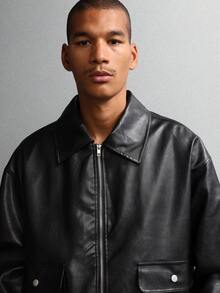 SUMWON Luxury Harrington Bomber Jacket With Patch Pockets Modern Casual Outerwear Fall Winter Transitional Zip Up Ribbed Collar - Black - View 3