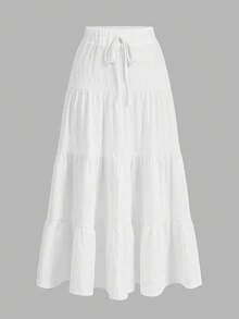 SHEIN EZwear 女士休闲度假纹理面料多层蛋糕裙，适合夏季，搭配别致 - 白色 - 查看 5
