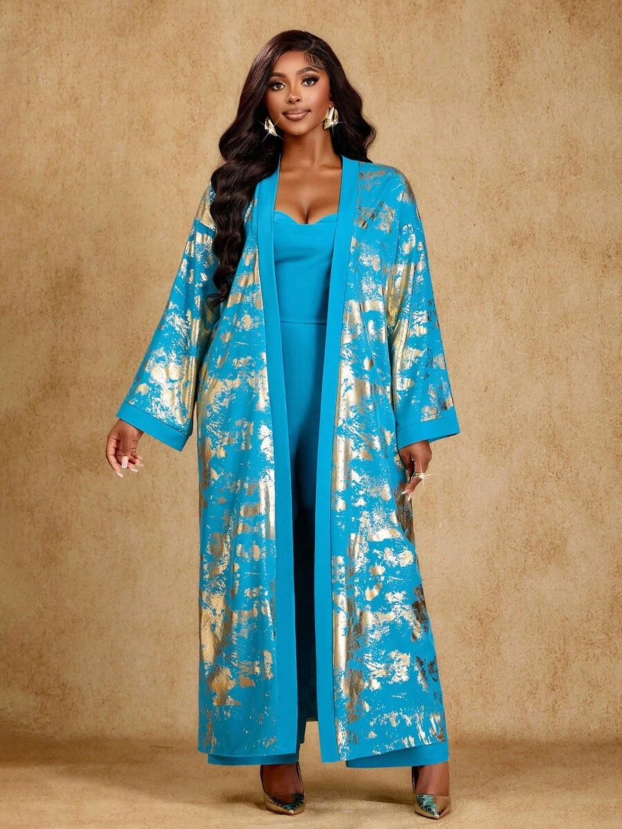 Brilight “女士优雅派对金色印花长款开衫和深 V 领褶饰连体裤 2 件套” - 水鴨藍 - 查看 1