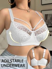 SHEIN 1pc Plus Size Mesh Embroidered Underwire Bra - White - View 3