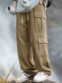 Manfinity Hypemode Men's Solid Color Drawstring Waist Multi-Pocket Loose Fit Wide Leg Casual Pants, For Fall - Khaki - View 3