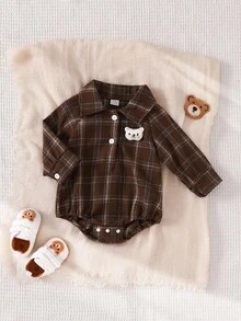 Playful Pals 男婴梭织贴布衬衫领前按扣胸前贴布松紧腰裤休闲长袖连体衣，秋冬款 - 棕色 - 查看 5