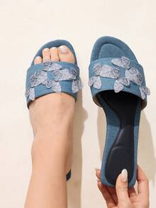 CUCCOO CHICEST 女士蝴蝶水钻装饰方头平底凉鞋，优雅甜美浪漫简约舒适蓝色面料女士平底凉鞋，一脚蹬沙滩鞋，适合下午茶、约会、派对、优雅装扮、度假、海滩、夏威夷岛风格 - 藍色 - 查看 2