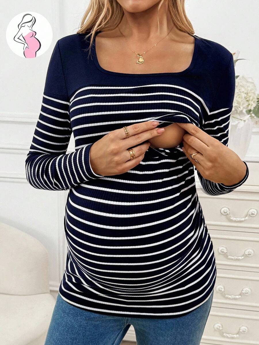 SHEIN Maternity Striped Square Neck Long Sleeve Casual Nursing Top Nursing Maternity Tops Maternity Tops Maternity Shirts Striped Maternity Tops Maternity Clothes - Navy Blue - View 1