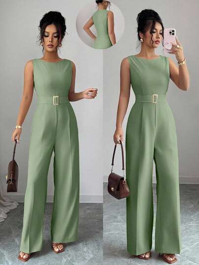 Selianne French Romantic One-Shoulder Sleeveless High Waist Belt Smooth Fabric Metal Buckle Decoration Wide Leg Straight Women Jumpsuit Women Summer Clothing Women Office Clothing Outing Clothing