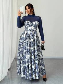 Elenzga Vestido de talla grande elegante con estampado floral de malla y parches para uso diario - Azul - Ver 5