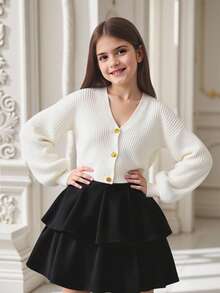 Tween Girl Casual Minimalist V-Neck Drop Shoulder Long Sleeve Cardigan