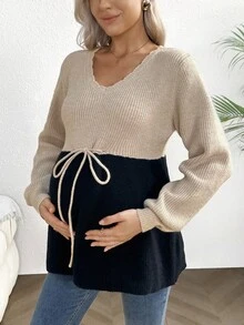 SHEIN Maternity Women's Colorblock V-Neck Long Sleeve Drawstring Waist Sweater, Autumn/Winter - Khaki - View 6