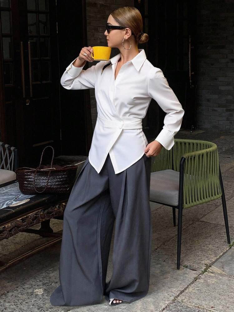 Women's Waist Cinched Solid Color Shirt, Autumn/Winter Long Sleeve Top