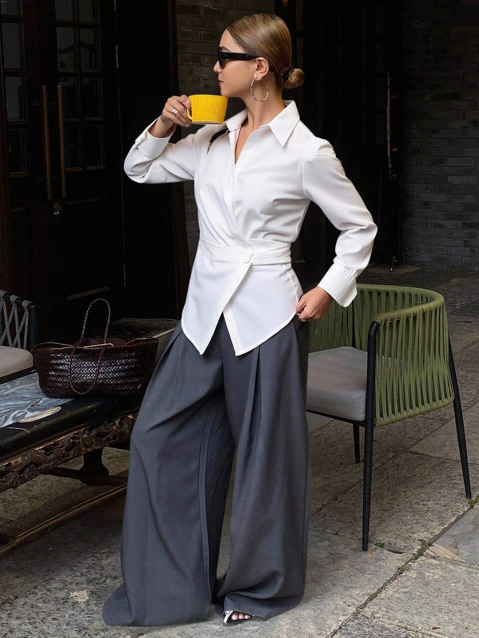Women's Waist Cinched Solid Color Shirt, Autumn/Winter Long Sleeve Top