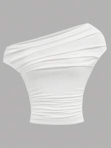 SHEIN Girlism Tween 女童休闲白色不对称肩部褶饰修身短款上衣 T 恤，迷人百搭 - 白色 - 查看 1