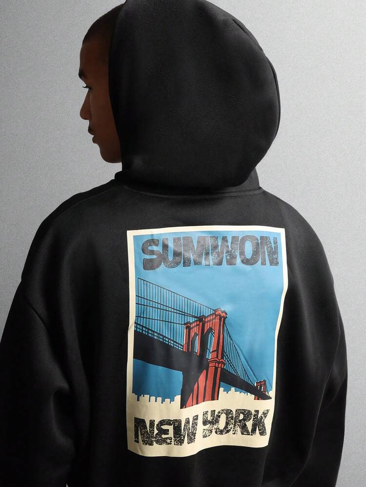 Brooklyn Bridge Print Hoodie With Centre Pocket