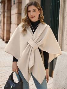 EMERY ROSE 女式纯色休闲斗篷夹克，秋冬季 - 卡其色 - 查看 1