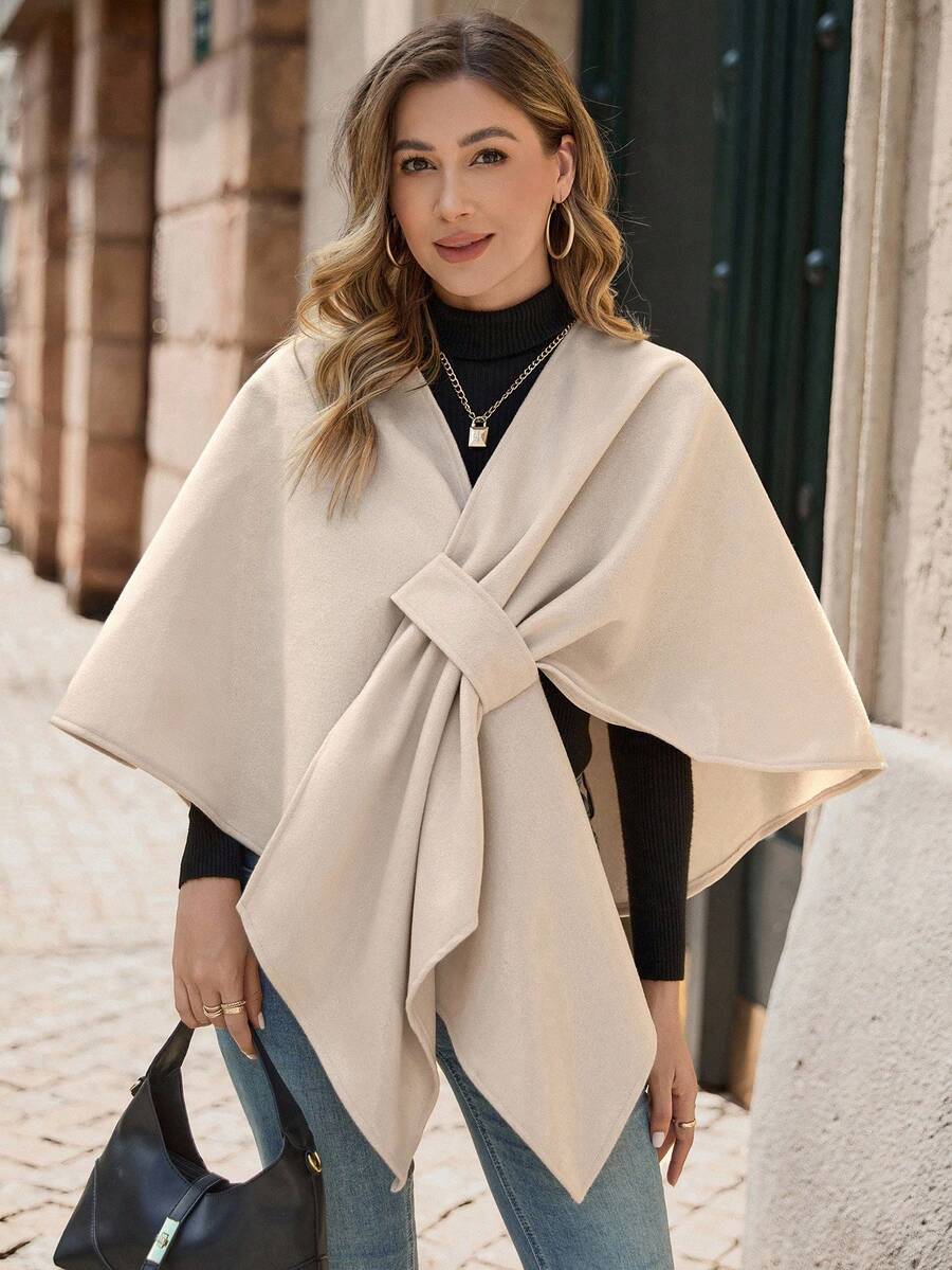 EMERY ROSE 女式纯色休闲斗篷夹克，秋冬季 - 卡其色 - 查看 1