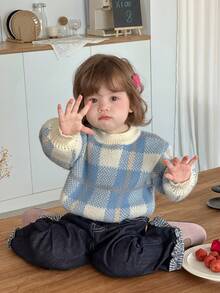 DAZY 女宝宝格子针织毛衣韩版甜美清新长袖秋冬 - 藍色 - 查看 1