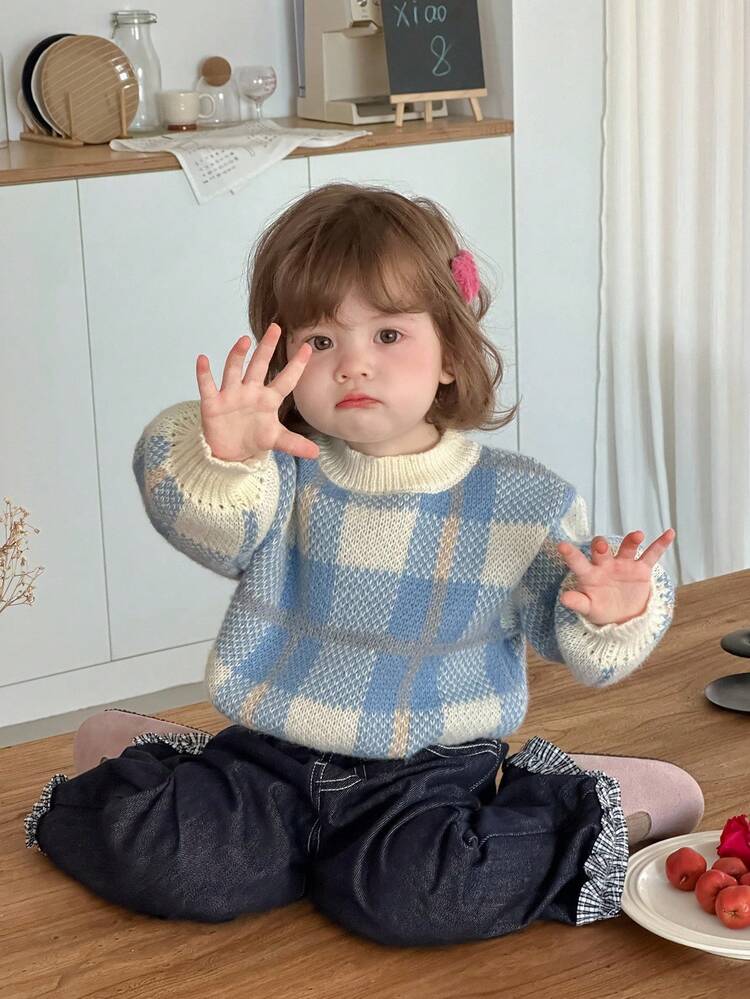 Baby Girls Plaid Knit Sweater, Korean Style Sweet And Fresh Long Sleeve Fall,Winter Toddler Girls Clothes