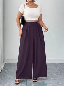 Elenzga Plus Size Black Elastic Waist Wide Leg Casual Pants, Comfortable Fabric Suitable For Commuting & Business, Spring/Summer/Autumn - Purple - View 4