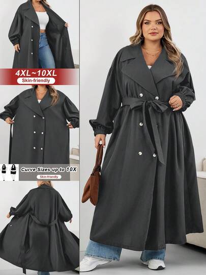 SHEIN CURVE+ Plus Size Women's Black Long Windbreaker, Black Long Sleeve Minimalist Casual Everyday Jacket Plus Size Trench Coat 8xl Women Coat Curve Trench Coat Plus Size Fall Coat,Fall Clothes For Womenfall Clothes For Women,Winter,CURVE PLUS