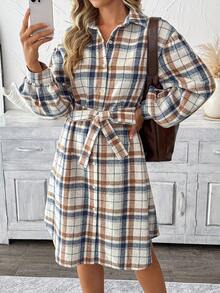 SHEIN LUNE Vestido camisero casual de mujer de manga larga a cuadros, vestido a cuadros de mujer de manga larga, vestido camisero a cuadros de mujer, vestido a cuadros de mujer para otoño