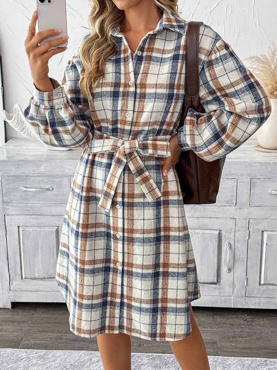 SHEIN LUNE Vestido camisero casual de mujer de manga larga a cuadros, vestido a cuadros de mujer de manga larga, vestido camisero a cuadros de mujer, vestido a cuadros de mujer para otoño