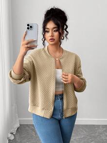 SHEIN PETITE CURVE Plus Size Casual Solid Color Jacket, Autumn/Winter Fall - Apricot - View 8