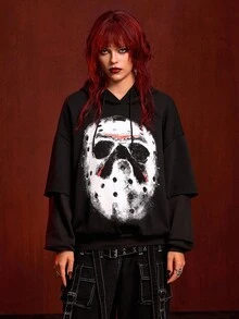 Friday the 13th X ROMWE 女士口罩图案长袖连帽二合一运动衫 - 黑色 - 查看 9