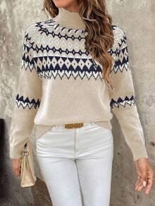 EMERY ROSE Women's Casual Loose Knit Sweater With Stand Collar And Raglan Sleeves (Random Argyle Pattern), Autumn/Winter - Apricot - View 4