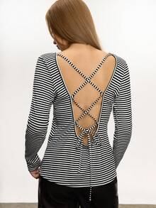 INAWLY Camiseta de mujer de manga larga, casual y versátil, con rayas de contraste - Blanco y Negro - Ver 1