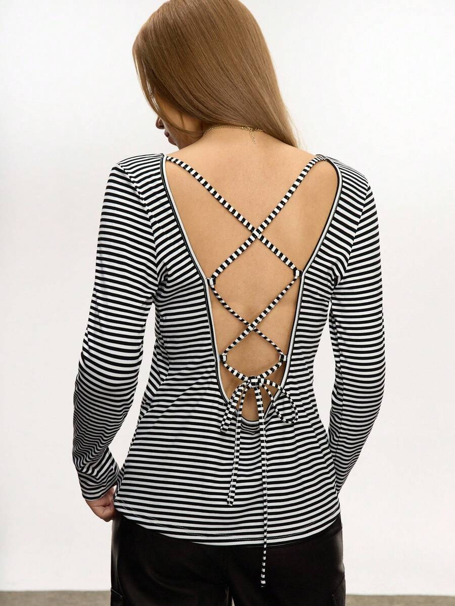 INAWLY Camiseta de mujer de manga larga, casual y versátil, con rayas de contraste - Blanco y Negro - Ver 1