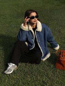 DAZY Women's Patchwork Retro Faux Fur Collar Loose Casual Street Thick Jacket, Regular Fit, Autumn/Winter Thermal Lined Women Coats