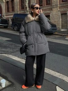 DAZY 女士毛领拉链前开抽绳腰休闲冬季外套女式大衣 - 灰色 - 查看 8