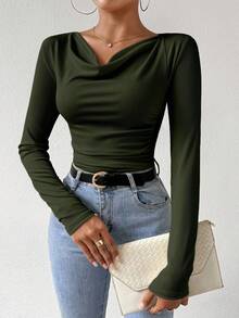 RosyDaze Camisetas femininas casuais de manga comprida, de cor sólida e combinando