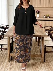 EMERY ROSE 2pcs Plus Size Outfit - Black Top With Vintage Floral Print Comfort Casual Pants Set - Multicolor - View 4