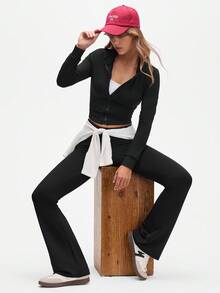 Streetz SHEIN Sport 女士休闲运动纯色拉链上衣和裤子套装 - 黑色 - 查看 5