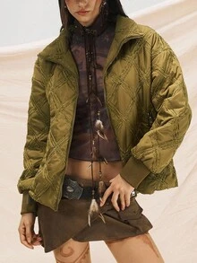 Easelle 复古游牧宽松立领棉服女式绗缝夹克女式夹克外套女式夹克秋冬 - 綠色 - 查看 6