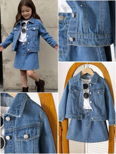 SHEIN 女孩时尚复古夹克和裙子套装，休闲牛仔两件套服装