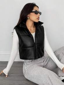 SHEIN PETITE 女士简约纯色短款皮夹棉大衣、冬季背心 - 黑色 - 查看 10