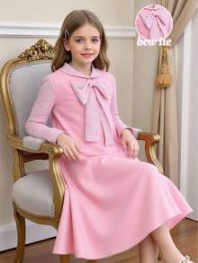 Girls' Soft Pink Dress With Pure White Puff Long Sleeves, Fall, Back To School, Casual, Knit, Fitted, Floral, Vacation, Loose, Ruched Fall Clothes - Pink - View 1