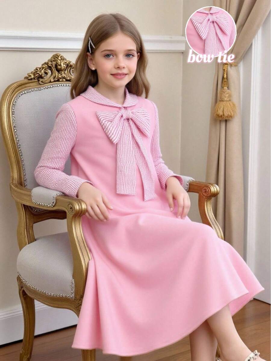 Girls' Soft Pink Dress With Pure White Puff Long Sleeves, Fall, Back To School, Casual, Knit, Fitted, Floral, Vacation, Loose, Ruched Fall Clothes - Pink - View 1