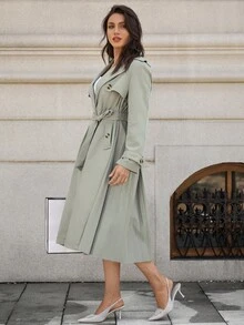 EMERY ROSE Women's Solid Front Button Pocket Simple Casual Trench Coat - Green - View 5